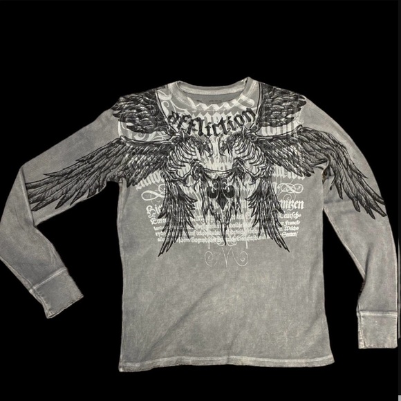 Rare Affliction Charcoal Winged Graphic Long Sleeve Tee
